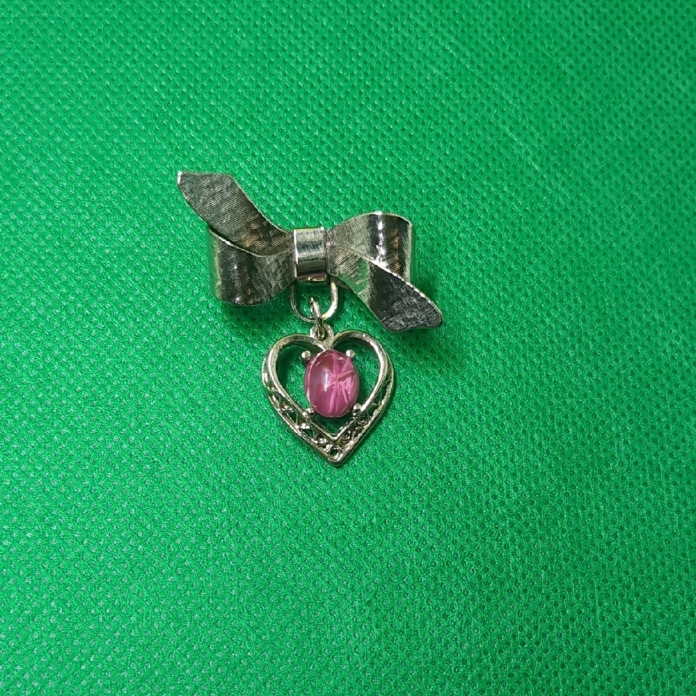 Pink and Silver Heart Brooch with Bow Design